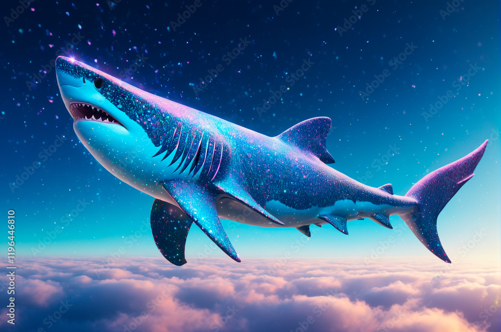 Fototapeta premium Holographic shark consisting of many particles in the sky. Generative AI.