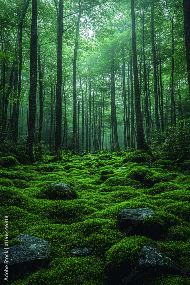 A mossy forest floor under a green canopy of trees A mossy forest floor under a green canopy of trees