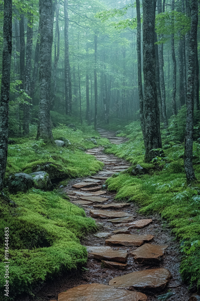 Obraz premium Stone Path Winding Through Misty Green Forest