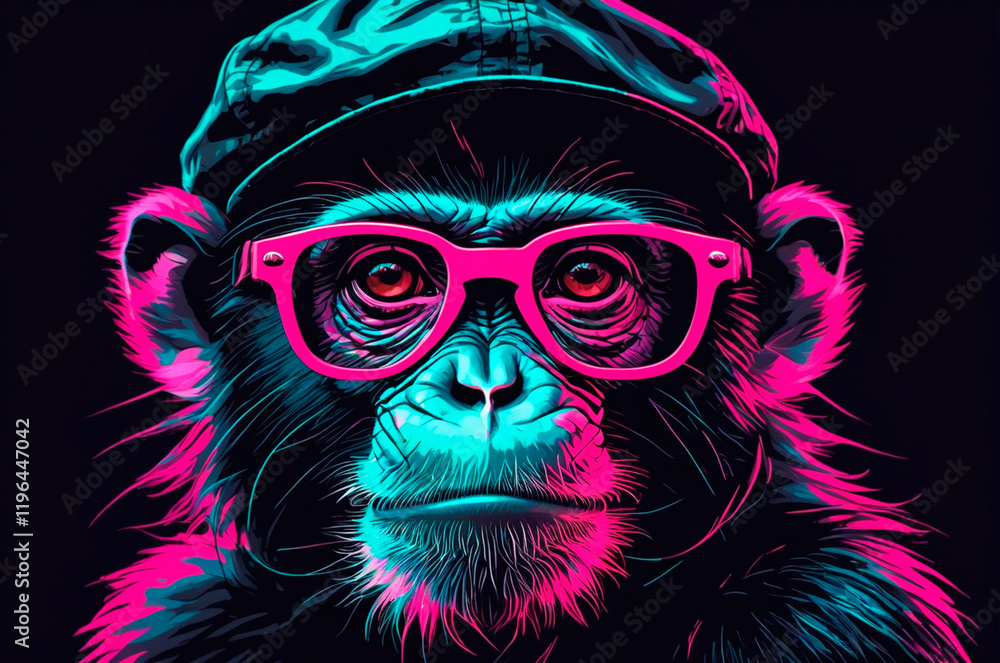Portrait of an monkey with black glasses, wearing a cap on his head, illustration, neon aesthetics, neo-noir. Generative AI. Portrait of an monkey with black glasses, wearing a cap on his head, illustration, neon aesthetics, neo-noir. Generative AI.