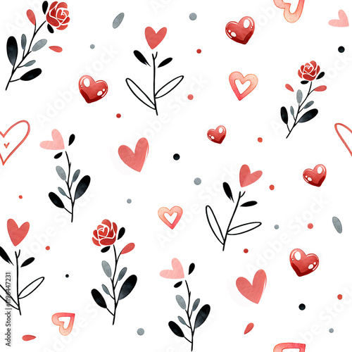 Delicate watercolor seamless pattern with flowers and hearts