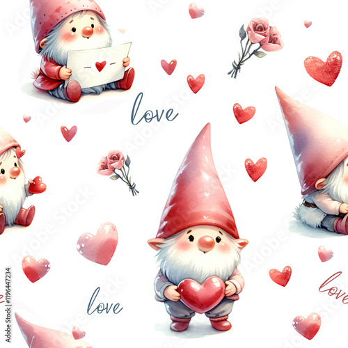 Seamless pattern with watercolor flowers and cute gnomes with a heart