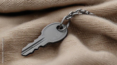 Key on Chain Resting on Soft Fabric Background for Minimalist Style photo