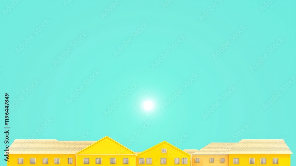 Flat illustration of yellow buildings against sky blue background Flat illustration of yellow buildings against sky blue background