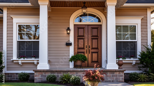 Elegant Home Exterior with Classic Design and Landscaping: A Dream House in the Suburbs photo