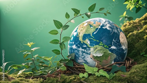 Earth covered by lush green leaves and plants symbolizing sustainable growth and environmental conservation for a greener planet photo