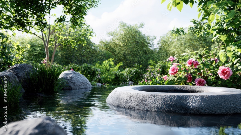 Serene garden scene with water, rocks, and blooming flowers. Serene garden scene with water, rocks, and blooming flowers.