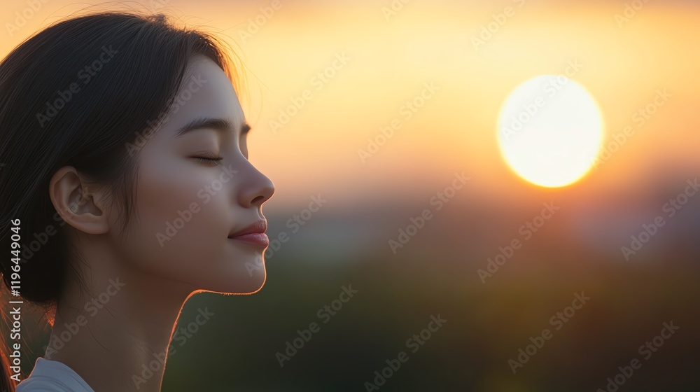 Woman meditating at sunset, peaceful expression. Woman meditating at sunset, peaceful expression.