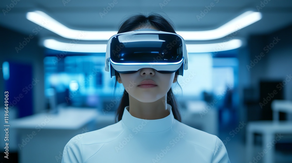 Woman using virtual reality headset indoors. Woman using virtual reality headset indoors.