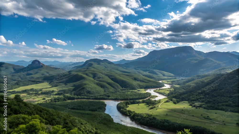 Fototapeta premium landscape with lake and mountains A panoramic view of a mountain range with lush green valleys and a winding river under a bright blue sky with scattered clouds.