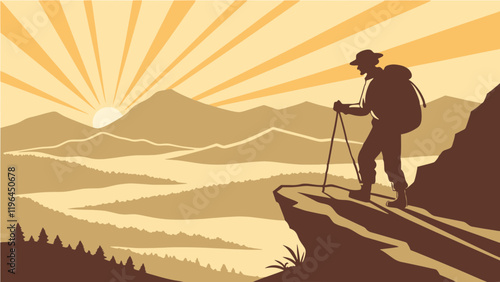 hiker on the top of mountain Solitary Journey: Witnessing the Golden Sunrise Over a Misty Valley