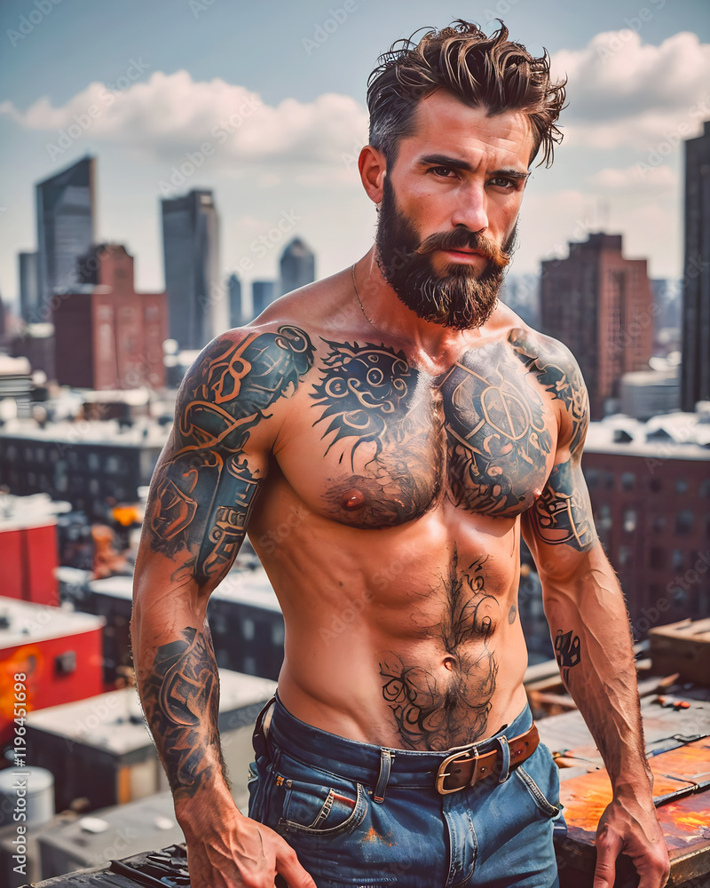 Handsome Men with muscular body – handyman working on a rooftop