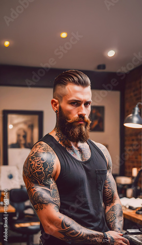Obraz na płótnie Handsome Men with muscular body – handyman barber w salonie