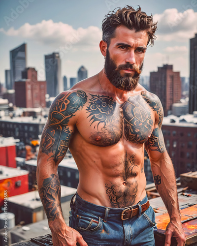 Obraz na płótnie Handsome Men with muscular body – handyman working on a rooftop w salonie