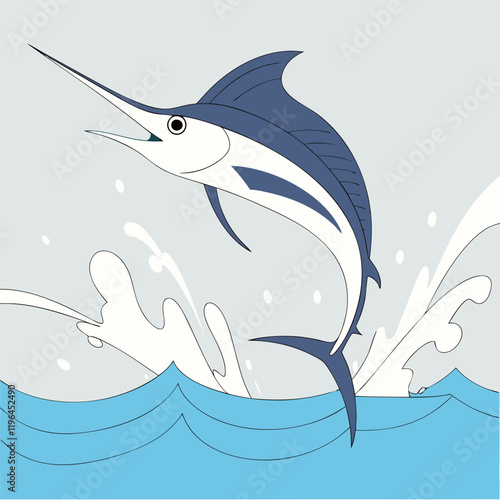 Dynamic Marlin illustration leaping from the water with vibrant splashes.