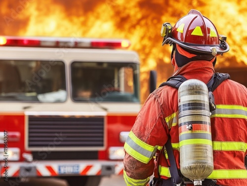 Brave firefighter in action facing a fierce blaze as a fire truck stands ready at the scene, symbolizing courage and dedication to public safety and emergency response efforts. photo