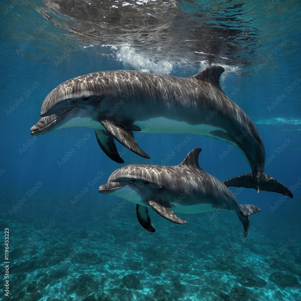 Fototapeta premium Photograph a dolphin mother and calf swimming together.