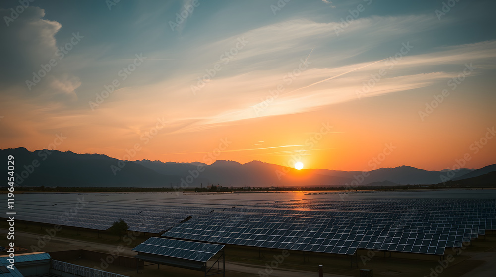 Fototapeta premium vast solar farm, mountains and sunset future eco-friendly | generative AI