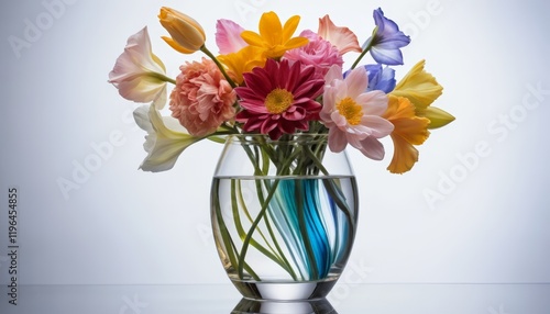 Wallpaper Mural A stunning floral arrangement in a clear vase showcases a mix of colorful blossoms. The reflection of the flowers on the water creates a beautiful visual effect. Torontodigital.ca