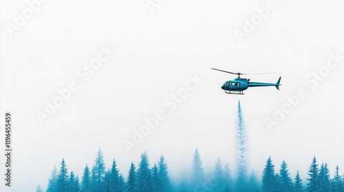 A Helicopter Flying Over a Misty Pine Forest in Winter, Surrounded by Lush Evergreen Trees and a Soft Foggy Atmosphere, Capturing the Serenity of Nature's Wilderness photo