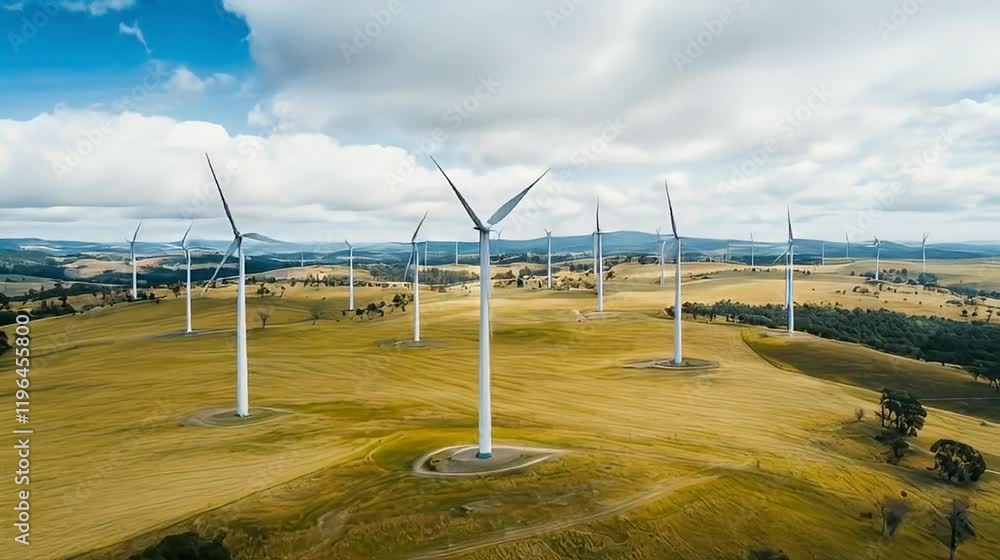 Wind turbines generating clean energy on a sunny day in a rural landscape