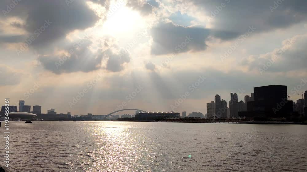 Stunning atmospheric backlighting over Huangpu River with ship transportation time lapse in Shanghai Stunning atmospheric backlighting over Huangpu River with ship transportation time lapse in Shanghai