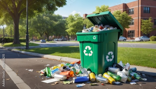A full recycling bin overflowing with various recyclable materials like cans and bottles, highlighting the need for waste management and environmental awareness in urban settings