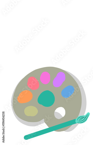 Palette with paints, acrylic colours tube, brush in paint for artist. Watercolour palette, paintbrush. Tools for drawing