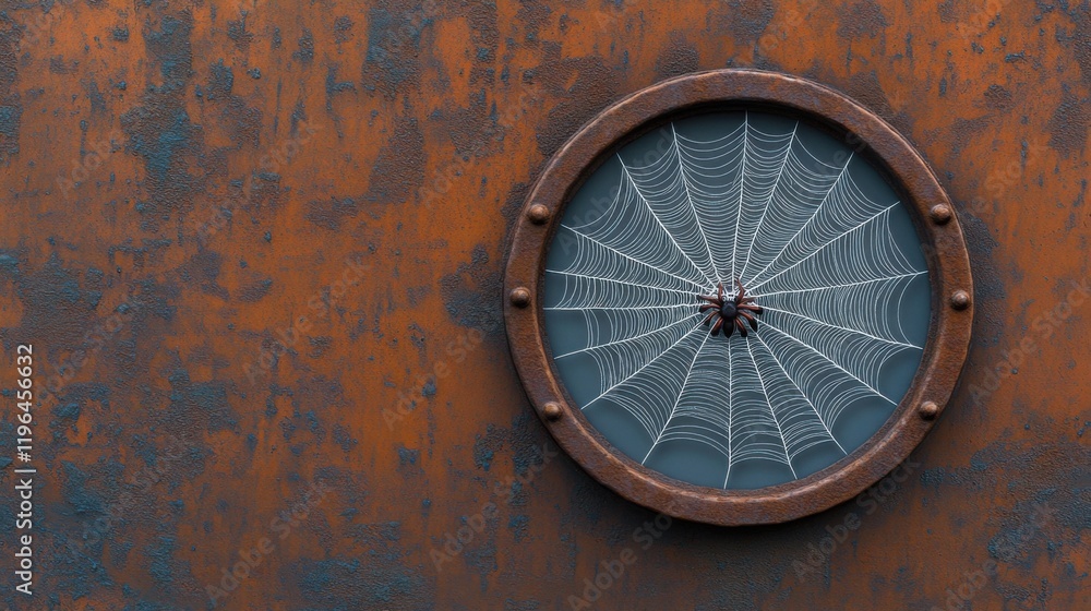 A spider web intricately woven over a rusted clock face, surrounded by decaying metal A spider web intricately woven over a rusted clock face, surrounded by decaying metal
