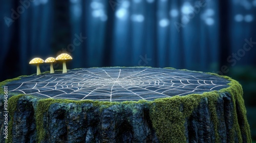 A spider web intricately woven over an old, mossy tree stump, with glowing mushrooms 