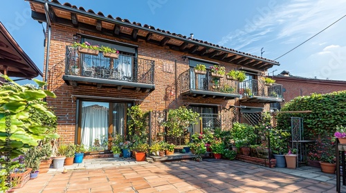Charming brick building with balconies and vibrant garden.