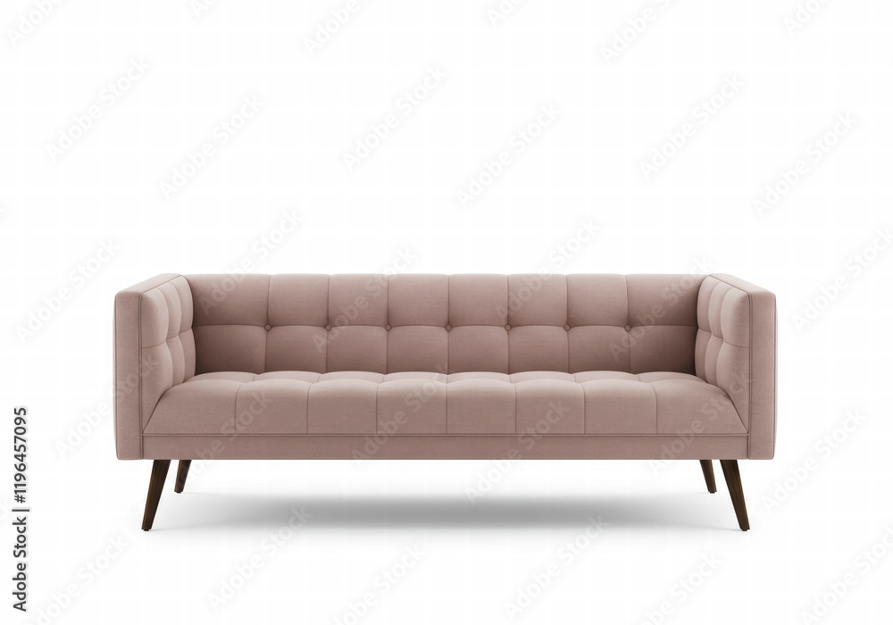 Stylish modern sofa with button tufting and sleek angular wooden legs, isolated on a clean background Stylish modern sofa with button tufting and sleek angular wooden legs, isolated on a clean background