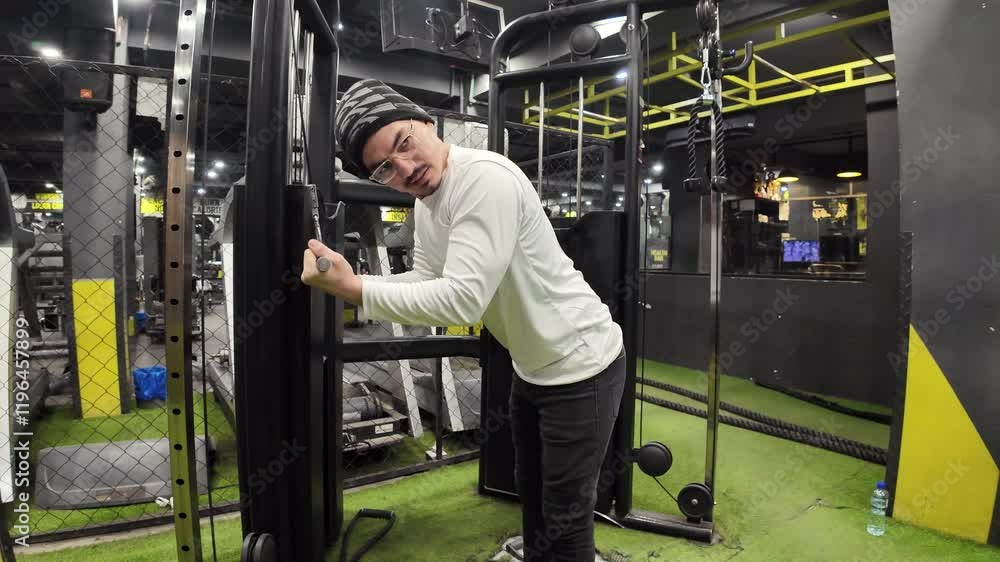 Young Man Doing Triceps Pushdowns with a Cable in the Gym, Featuring Machines and Beautiful Lighting in the Background, Shot in Slow Motion Young Man Doing Triceps Pushdowns with a Cable in the Gym, Featuring Machines and Beautiful Lighting in the Background, Shot in Slow Motion