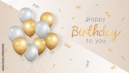 Happy birthday banner. Birthday greeting vector design. Happy birthday greeting text with elegant floating gold and slive balloons. 