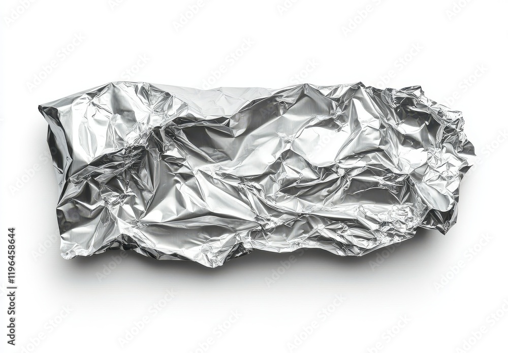 Crumpled Aluminum Foil Texture on White Background Showcasing Shiny Metallic Surface with Shadows and Natural Highlights for Creative Design Use Crumpled Aluminum Foil Texture on White Background Showcasing Shiny Metallic Surface with Shadows and Natural Highlights for Creative Design Use