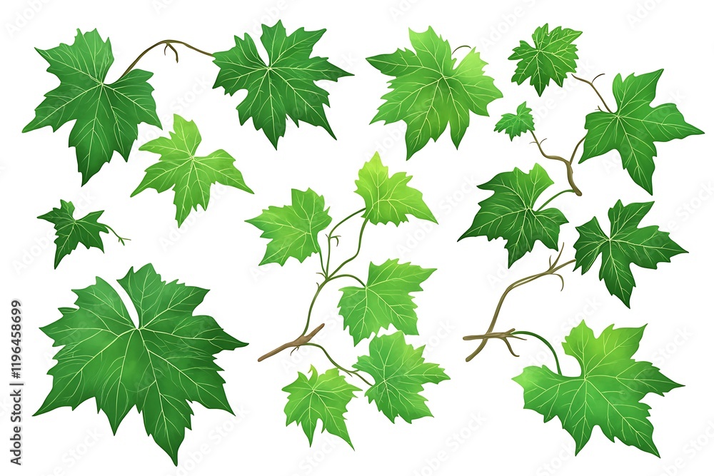 Bright Green Vine Leaves, Isolated Botanical Elements, Delicate Branch Details Bright Green Vine Leaves, Isolated Botanical Elements, Delicate Branch Details