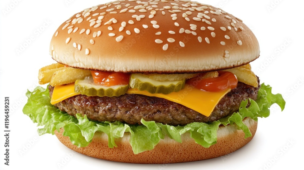 Juicy Cheeseburger with French Fries and Pickles Juicy Cheeseburger with French Fries and Pickles