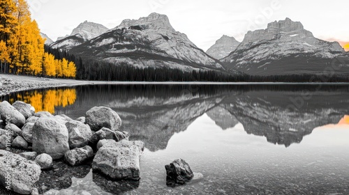Serene lake reflecting mountains with autumn trees in color.