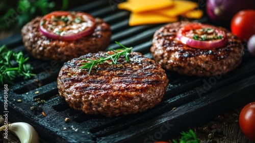 Grilled Juicy Beef Burgers on BBQ Grill photo