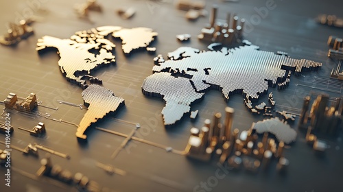 Fototapeta Naklejka Na Ścianę i Meble -  Metallic World Map With Jagged Market Graph Overlay on Beige Background