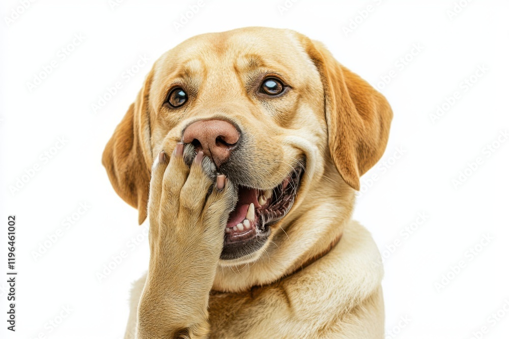 Dog with a humorous grin one paw raised to cover its mouth on isolated white background Dog with a humorous grin one paw raised to cover its mouth on isolated white background