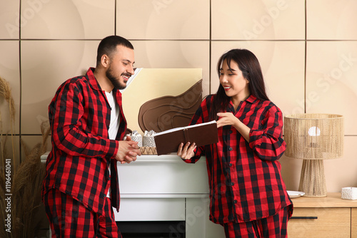 Happy diverse couple in mat...