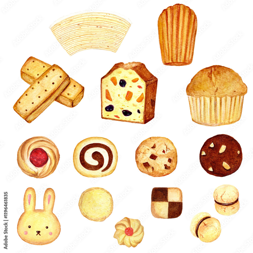 手描き水彩の美味しそうな焼き菓子のセットイラスト 手描き水彩の美味しそうな焼き菓子のセットイラスト