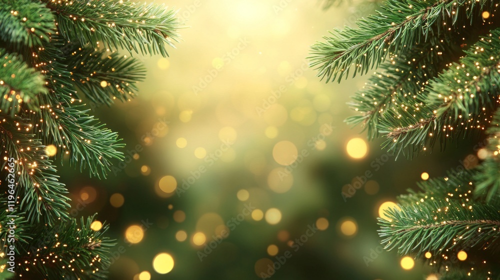 Festive Christmas Tree Branches with Golden Lights and Bokeh Festive Christmas Tree Branches with Golden Lights and Bokeh