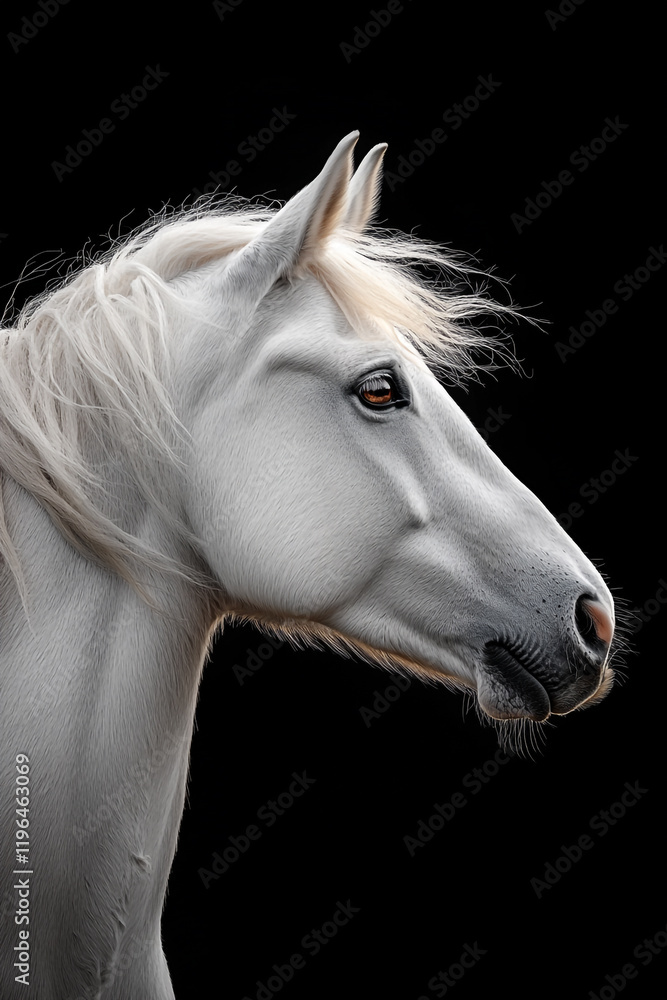 Naklejka premium Elegant White Horse Profile Against Black Background