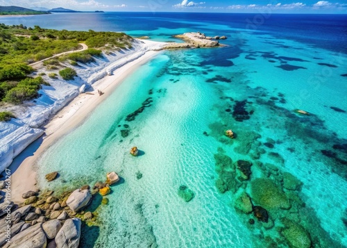 Is Arutas Beach Sardinia Aerial Underwater View: Crystal Clear Water, Unique Pebble Beach, Italy Coastline photo