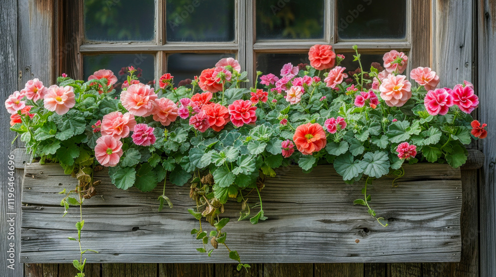 Fototapeta premium Vibrant Pink Petunias in a Window Box on a Sunny Day