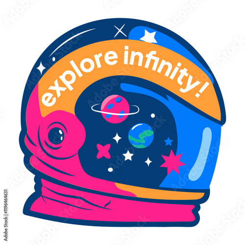 Astronaut helmet with planets and explore infinity text, flat sticker 

