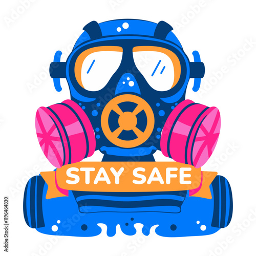 Gas mask with stay safe text, flat sticker 

