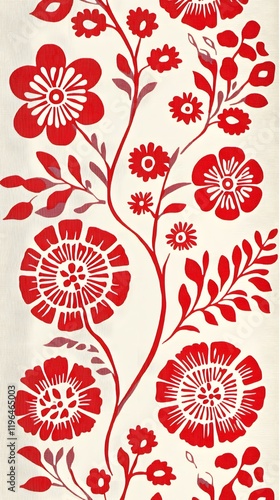 62. A Swedish fabric pattern featuring a combination of Scandinavian folk art and floral motifs in red and white